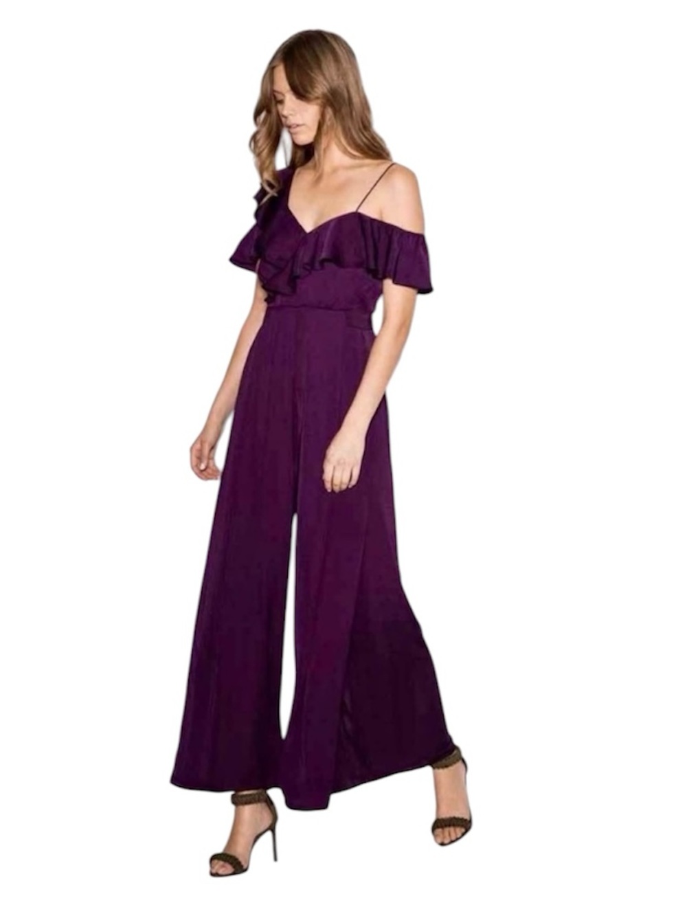 NEW Sheike Jumpsuit Plum Sz 6 Matrix Wide Leg Slit Ruffle Chic Silky Cocktail